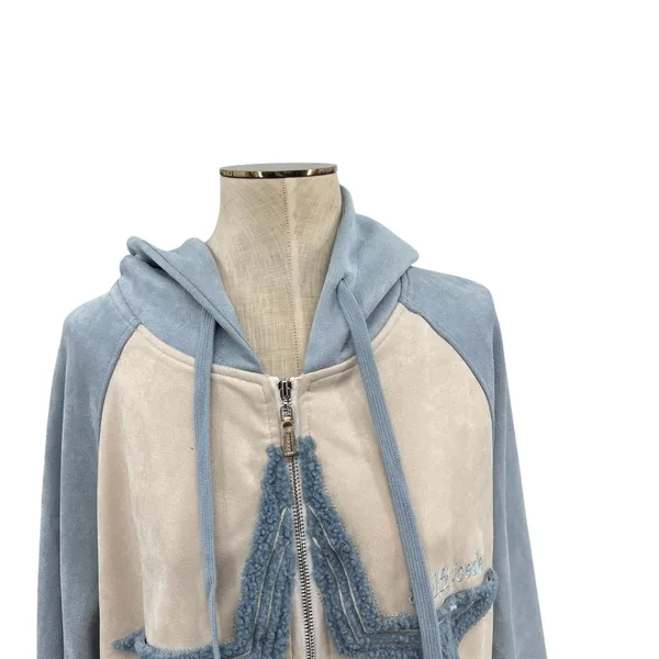 Aelfric Eden‎ Star Patchwork Zip Hoodie Blue Beige Suede Streetwear Size Medium - Image 4