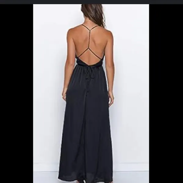 Elegant satin Navy backless Maxi Dress with 10 way back tie options - Image 6