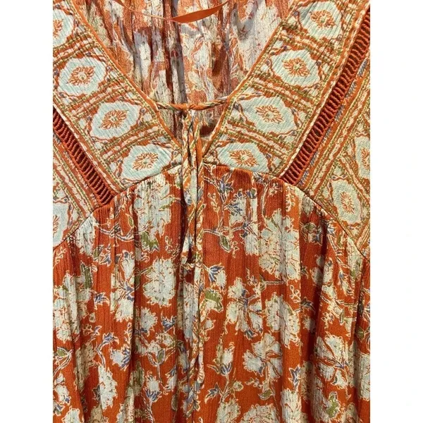 Free People Moonlight Dance Orange Floral Boho Tunic V-Neck Bell Sleeve Size M - Image 2