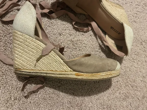 JustFab Taupe and Cream Espadrille Wedge Sandals with Ankle Wrap - Image 3