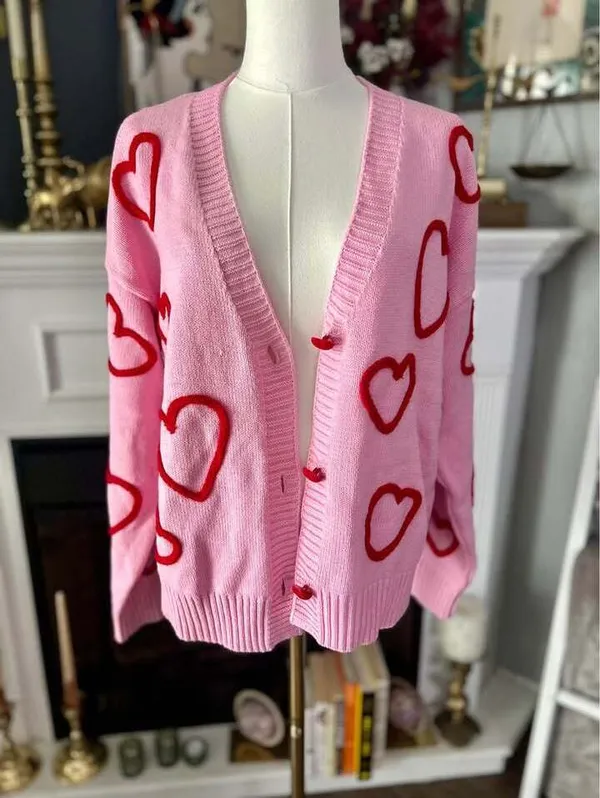 Pink Cardigan with Red Hearts NWT Women’s Size Large - Image 3