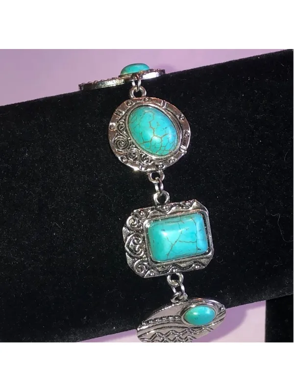 Turquoise Color and Silver Tone Boho Western Bracelet - Image 2