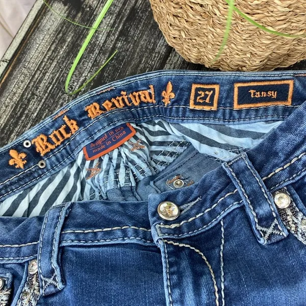 Rock Revival Blue Denim Tansy Mid Rise Curvy Boot Cut Embellished Jeans 27 - Image 5