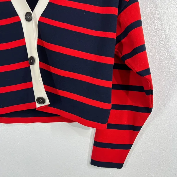 ASOS DESIGN Red Navy Blue Striped Cropped‎ Cardigan White Trim V-Neck Women XS - Image 6