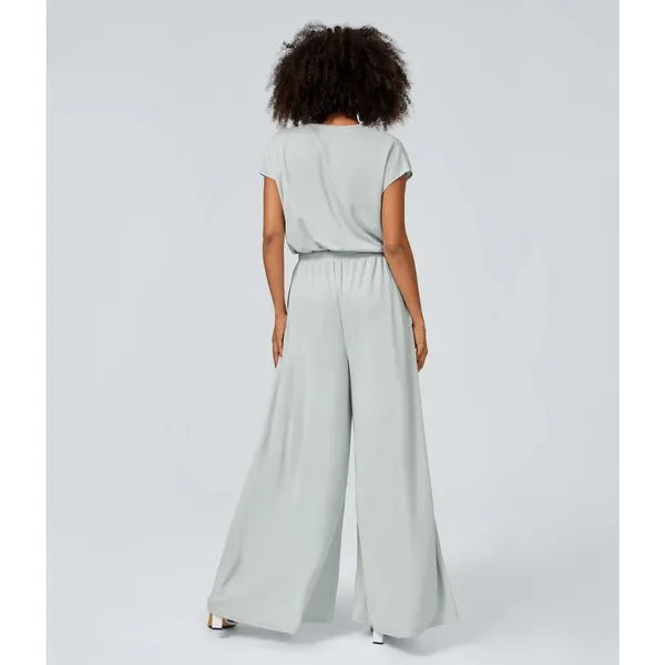 Halara Short Sleeve Casual Wide Leg Flowy Waffle PullOn Jumpsuit Frost Haze XL - Image 3