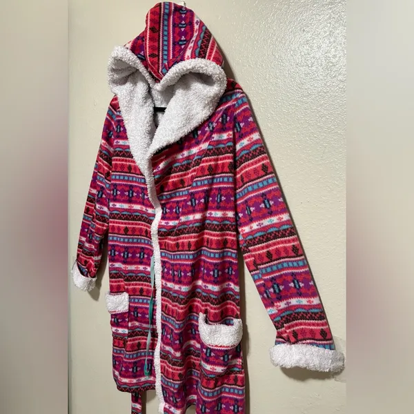 Holiday Time Cozy Holiday Hooded Fleece Robe Sherpa Lined Plush Lounge Wrap | Pink Belted 2X - Image 3