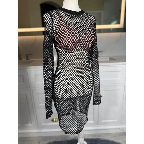 Hera Collection Fishnet Swim Cover Up Women S Black Long Sleeve Sheer Mesh Dress - Image 2