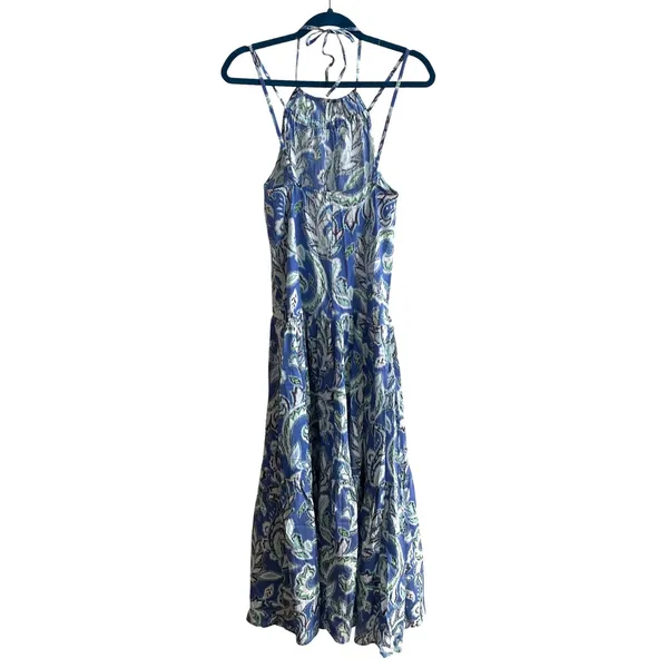 Zara Paisley Ikat Halter Midi Dress Womens XS Blue Boho Tiered‎ Cotton Summer - Image 6