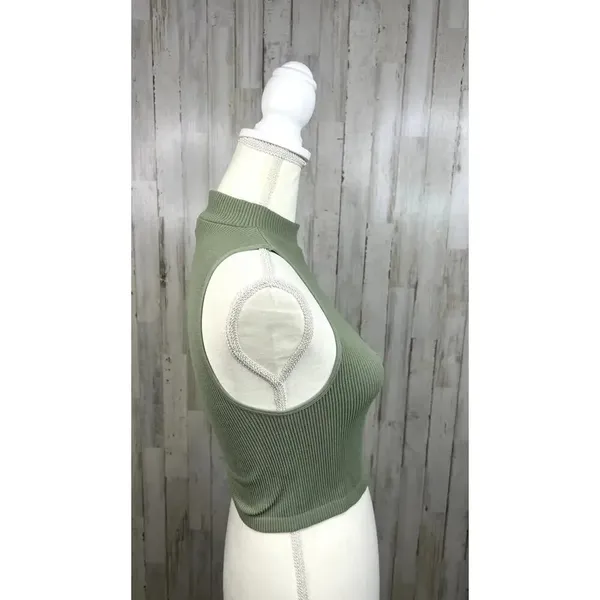 Zara Women's‎ XS Green Ribbed Knit Crop Top Mock Neck Sleeveless Casual Tank - Image 4
