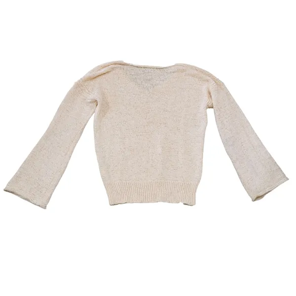 J. Crew Women's Size Medium V-Neck Sweater Beige Bell Sleeve Open Knit Coastal - Image 7
