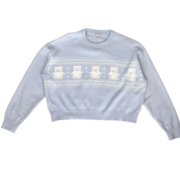 Orange Kiss‎ Sweater Teddy Bear Light Blue Knit Pullover Women Size Large Twee - Image 2