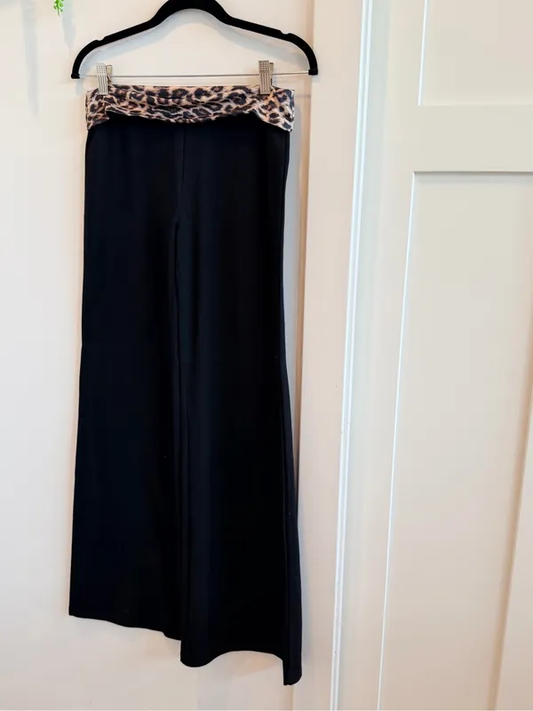 Edikted Black Wide-Leg Pants with Leopard Fold-Over Waist - Image 2