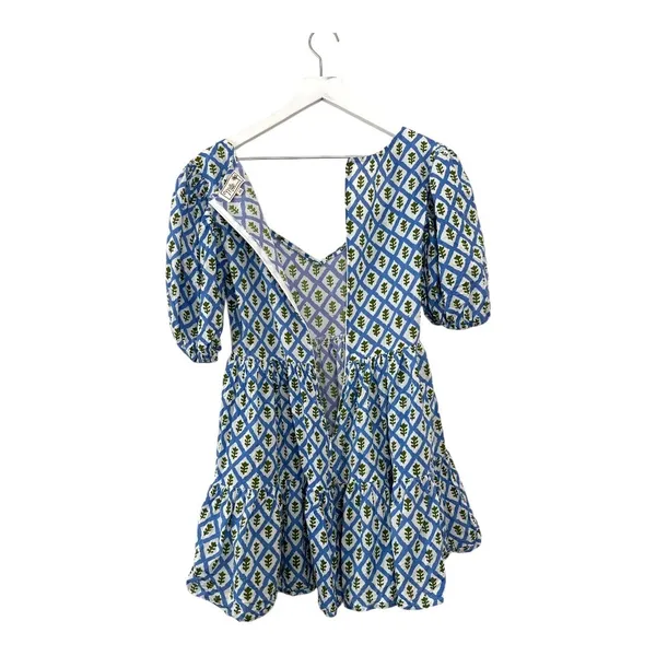 Mille Aneli Blue & Green Block Print Puff Sleeve Mini Dress Size XS - Image 9