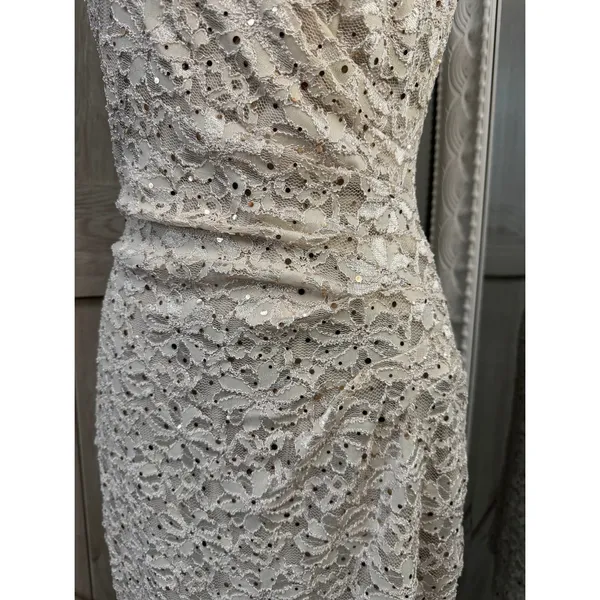 Connected Apparel Vintage Sequined White Lace Faux-Wrap Cocktail Dress - Small - Image 4