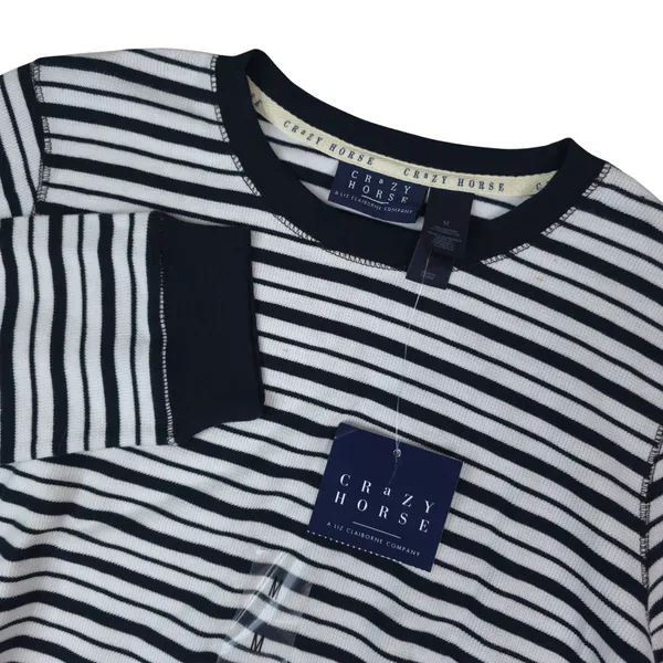 Crazy Horse Striped Waffle Knit Thermal Shirt Women Medium Navy Blue White - Image 2
