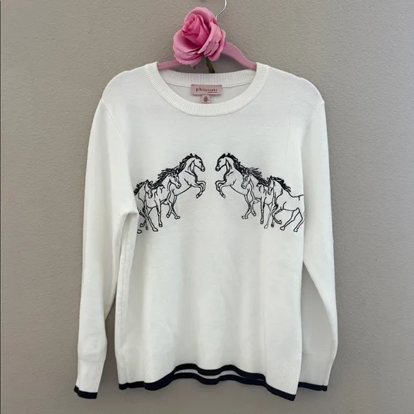 Philosophy White Crewneck Sweater with chocolate brown Horse Embroidery - Image 2