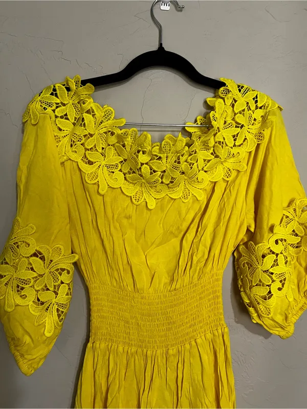 Gianni‎ Bini Yellow Off Shoulder Lace Trim Boho Peasant Spanish Vaca Mini Dress - Image 8