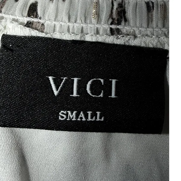 VICI White Gold Metallic Abstract Print Smocked‎ Tiered Mini Dress Small - Image 3