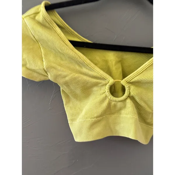 Aerie Ribbed Seamless O-Ring Crop Top Lime Green Short Sleeve‎ V-Neck Small S/P - Image 2