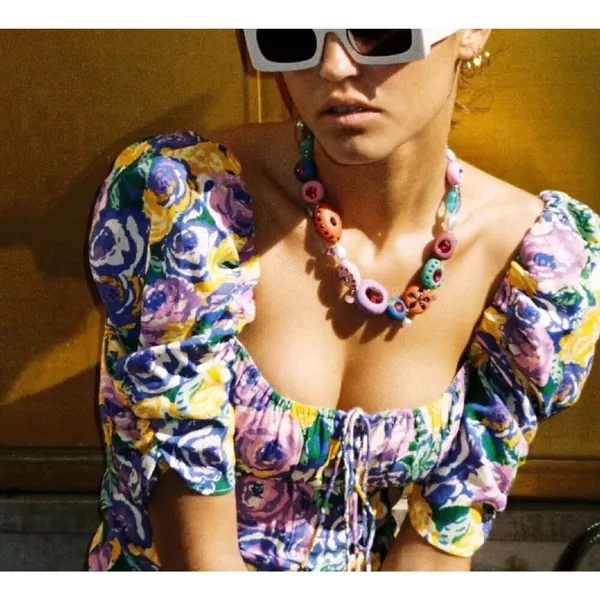 Zara Dress Women Medium Purple Yellow Floral Balloon Sleeve Corset Style‎ Mini - Image 3