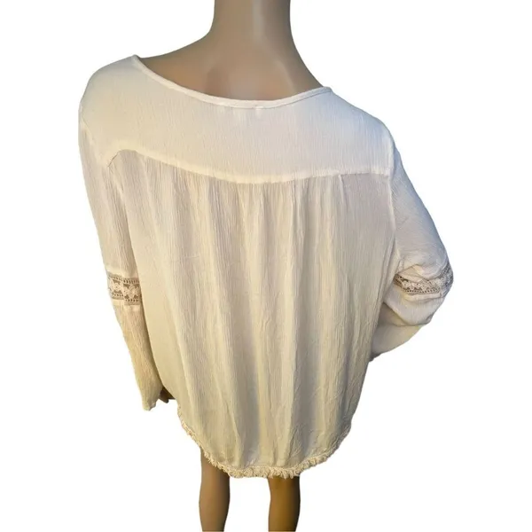 Katie’s Kloset Cream Lightweight Long Sleeve Boho V-Neck Blouse - Image 4