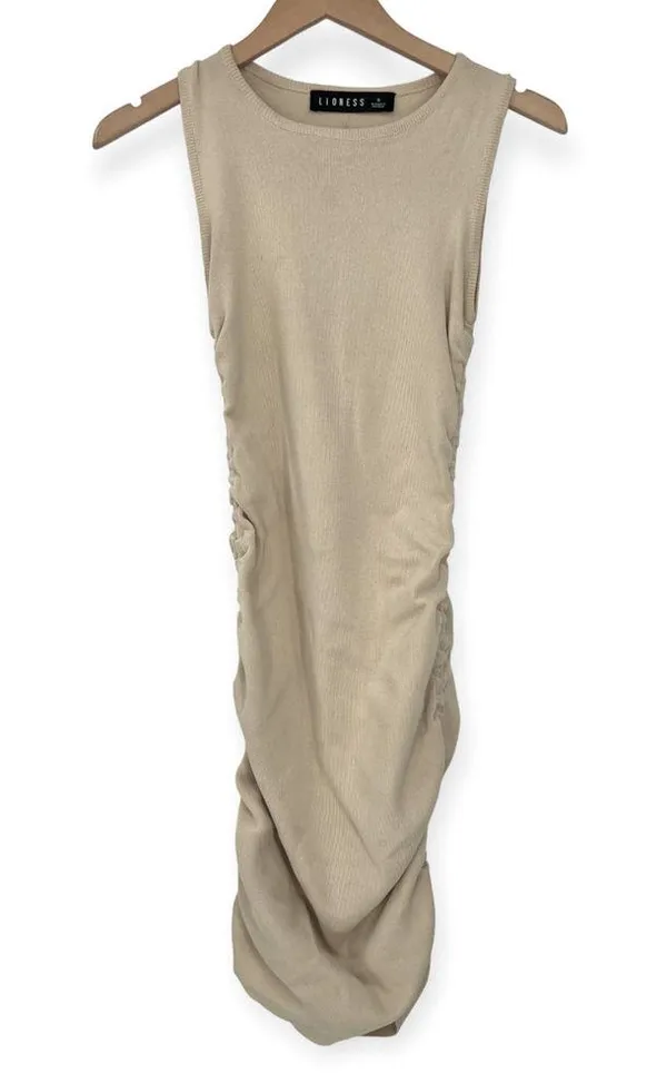 LIONESS | Small | Military Minds Ecru Bodycon Ribbed Sleeveless Mini Dress - Image 4