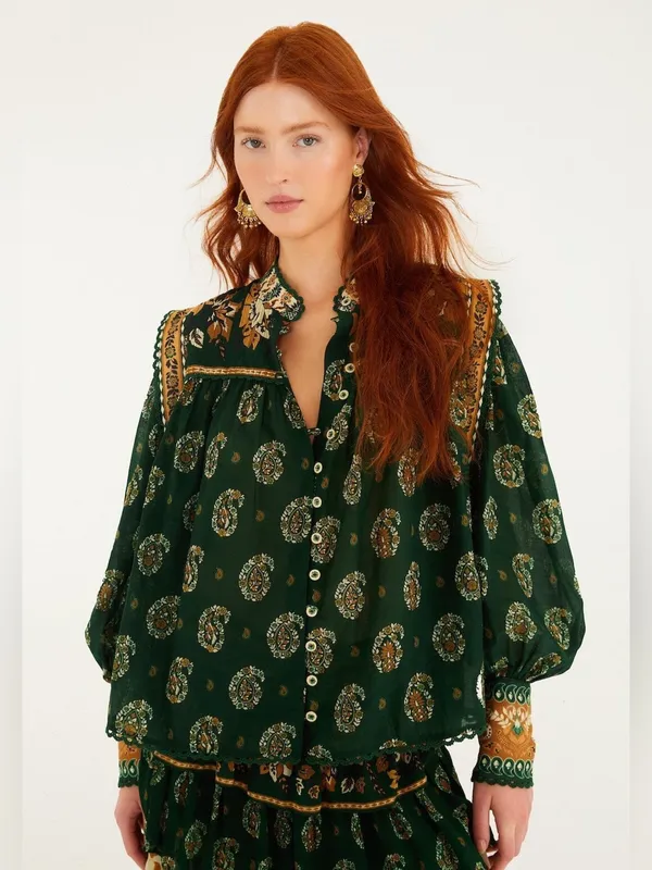 Farm Rio Green Tayla Lace Buttoned Puff Sleeve Blouse S - Image 3