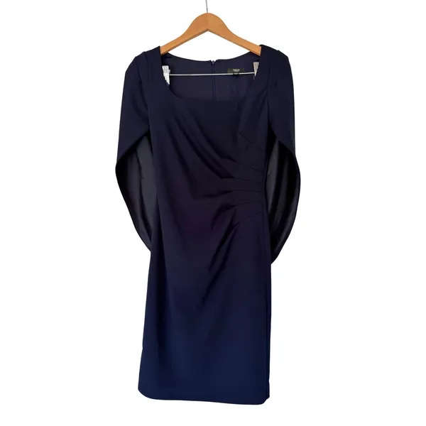 AQUA Formal Navy Blue Cape Sleeve Ruched Sheath Dress Size 0‎ NEW - Image 3