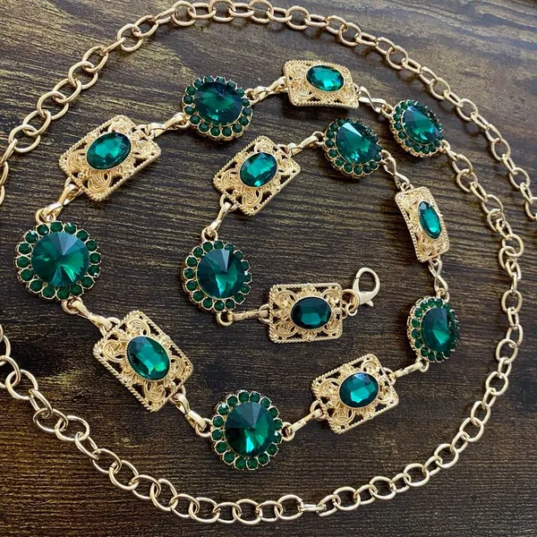 Gold Y2K Emerald Green Jewel Waist Chain Belt, Fits 24.5-51.5 Inches, X7GA1297 - Image 6