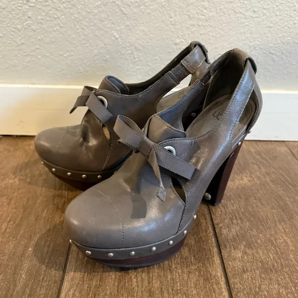UGG Celestina‎ Grey Leather Platform Women Mule Heels Size 7 - Image 4