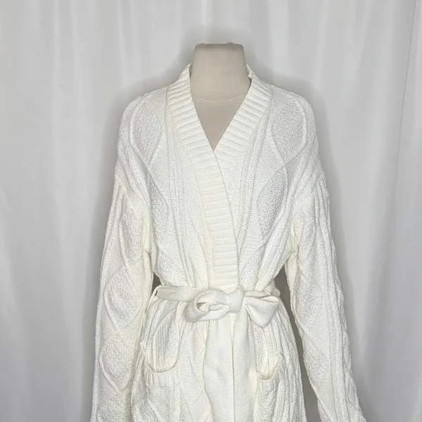 BEACH RIOT Rinna Chenille Robe Cream Cable Knit Belted Pockets X-Small Small - Image 3