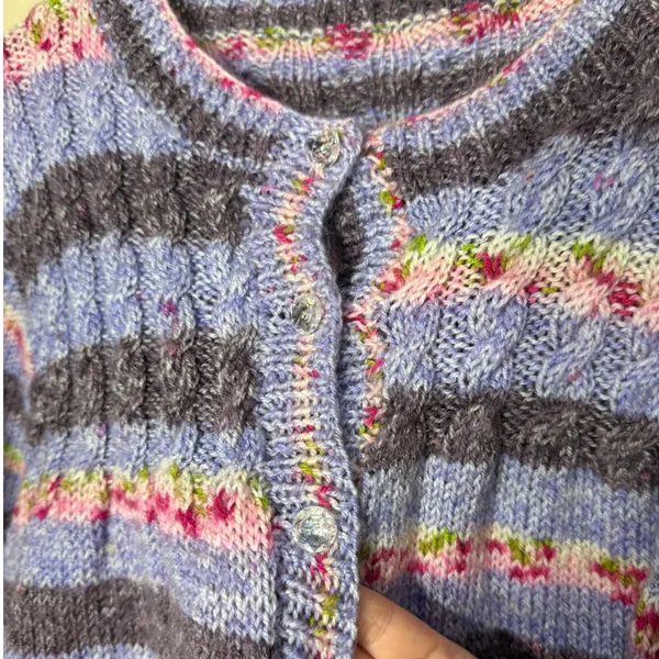 Handmade Hand Crocheted Purple Striped Cardigan 3 Button Crew Neck Sweater L/XL - Image 3