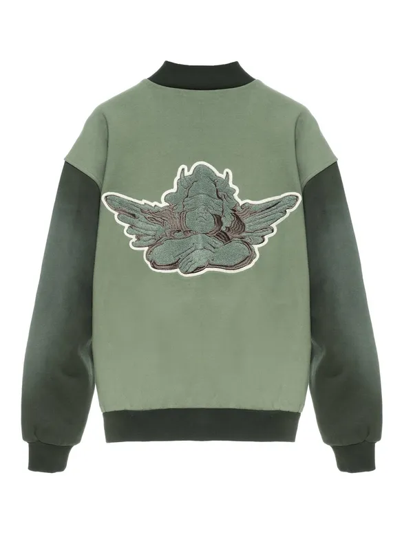 Boys Lie B Shock Olive Green Two-Tone Varsity Jacket with Red Patch - Image 3