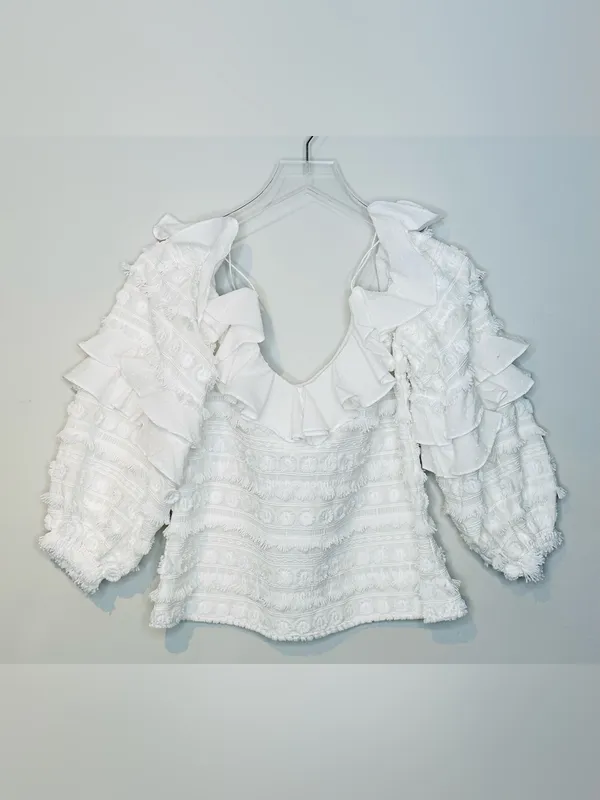 Alexis Damini White Off Shoulder Ruffle Long-Sleeve Fringe Blouse Shirt Top - Image 4