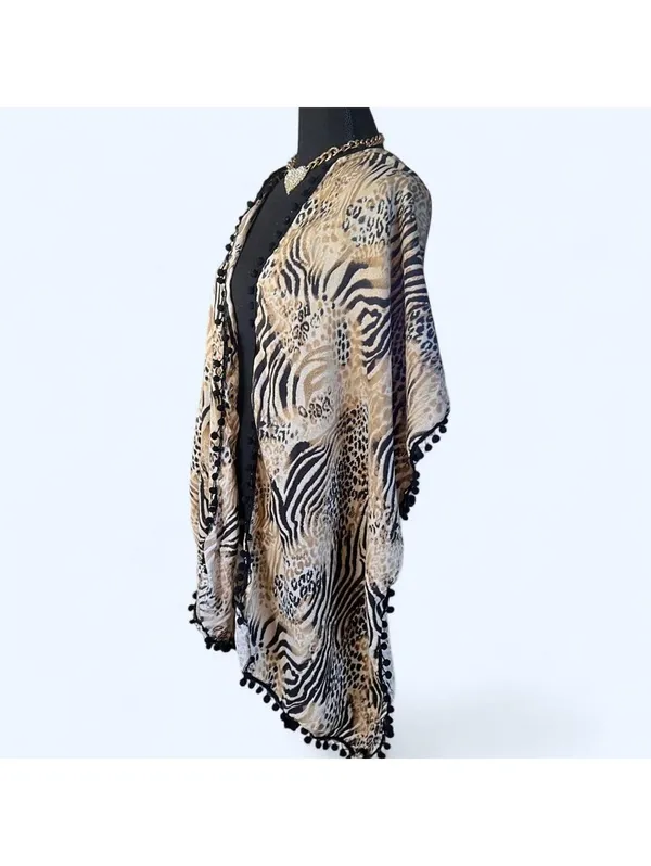 American Vintage Vintage Y2K Print Zebra Leopard Pom Pom Shawl Wrap Kimono Cover Up One Size 🤎 - Image 5