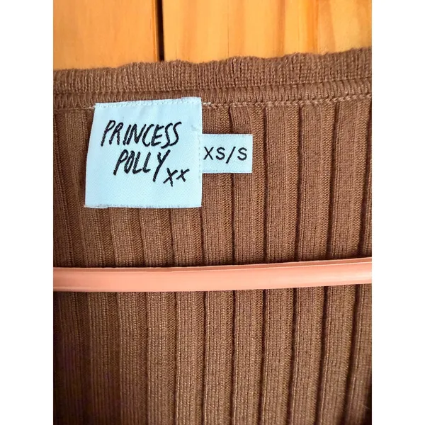 Princess Polly Ollie‎ Top XS/S Brown Ribbed Knit Cropped Cardigan Lettuce Hem - Image 4