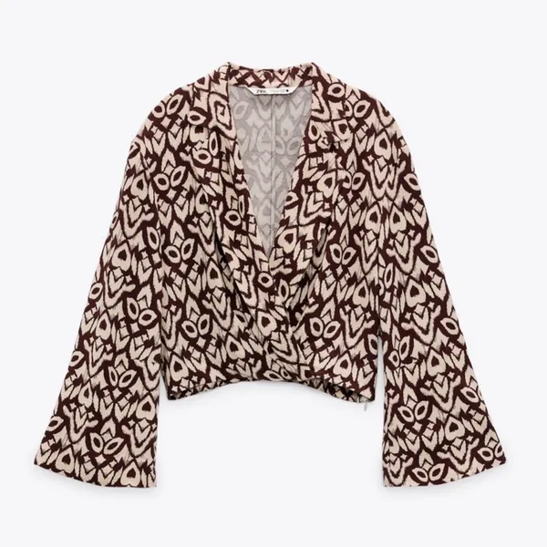 Zara Printed Long Sleeve Wrap Blouse in‎ Red Cream Size Small - Image 4