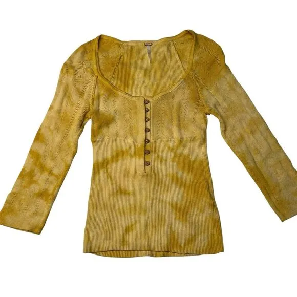Y2K Free People XS Button Hanley Top‎ 3/4 Sleeve Gold Yellow Pointelle Coquette - Image 3