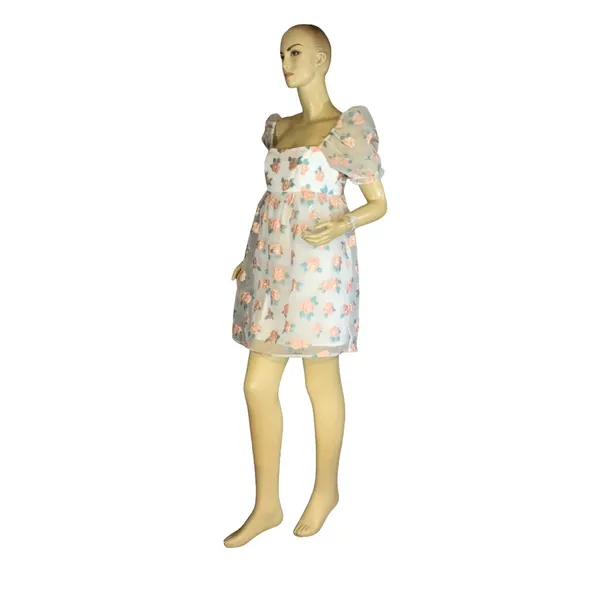 Altar'D State White W/Peach & Green Floral Print Organza Baby Doll Dress (M) - Image 6