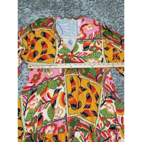 Tropical Patchwork Parrot Mini Dress Boho Resort Farm Rio Style Swim Cover S - Image 13