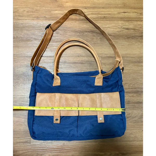 Navy Blue Canvas Tote Bag Tan Faux Leather Trim Crossbody Laptop Travel Satchel - Image 3