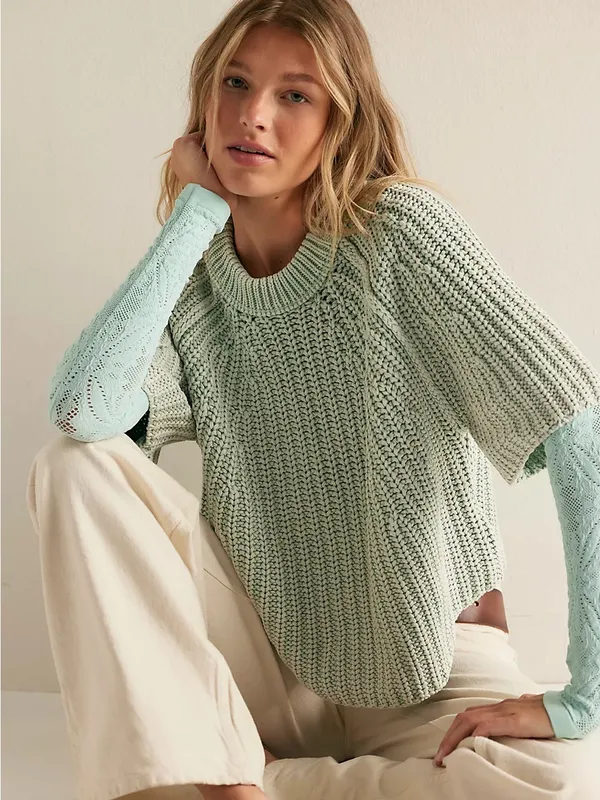 Free People Cameo Green Amy Cotton Sweater Tee Chunky Knit - Image 9