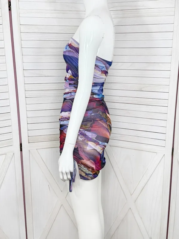Y2k Mint Vanilla Printed Mesh Cinch Side Strapless Bodycon Mini Dress‎ Blue 8 - Image 3