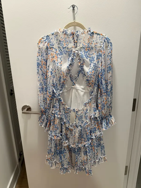 Selfie Leslie Blue Floral Open-Back Ruffle Mini Dress Size Medium NWOT - Image 5