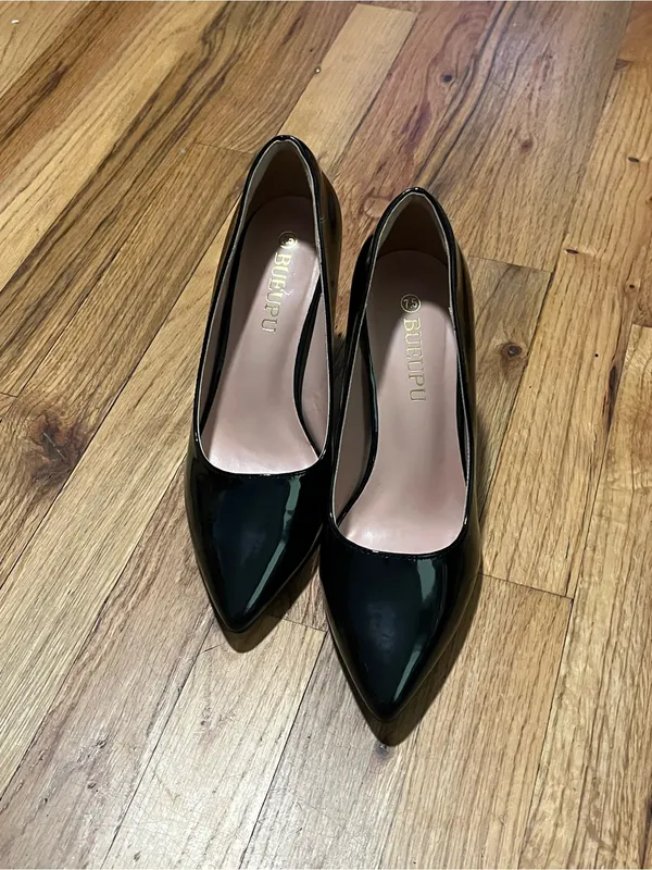 BUEUPU Black Patent Pointed Toe Heels Size 7.5 | Classic Dress Pumps - Image 2