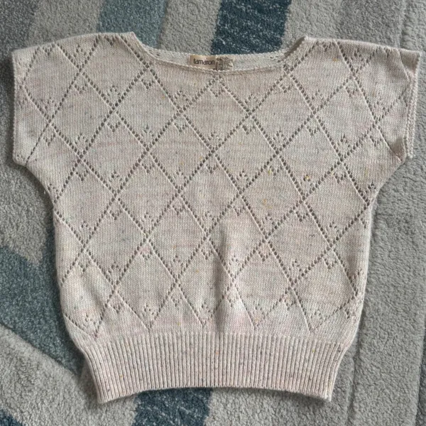 VTG Cream Confetti Diamond Pointelle Angora Wool Summer Knit Sweater Cottagecore - Image 3