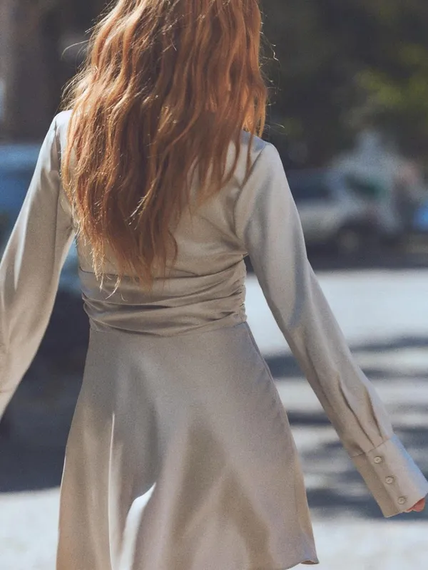 Zara Ivory Satin V-Neck Long Sleeve Mini Dress - Image 5