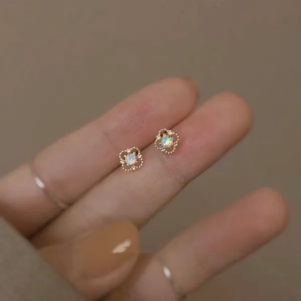 18K Gold Plated Hollow Mini Small Opal Stud Earrings for Women - Image 3