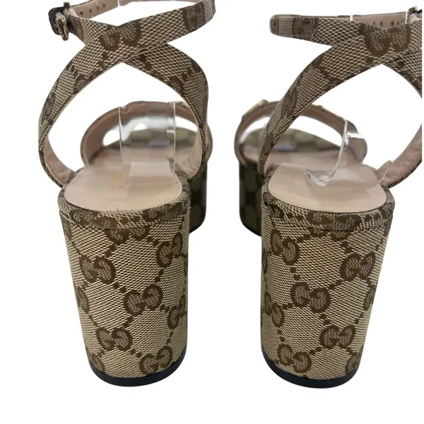 Gucci Lady Horsebit GG Supreme Canvas Platform Sandals Beige 37.5 Box Dust Bags - Image 13