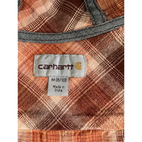 Carhartt Womens Plaid Hooded‎ Flannel Shirt Orange Burgundy Size M 8 10 - Image 4